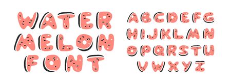Cartoon vector illustration fruits font. Hand drawn drawing vegetarian food. Actual Creative Vegan art work. Watermelon ABC and word のイラスト素材