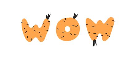 Hand drawn Carrot ABC and word WOW. Cartoon vector illustration veggies font.  Flat drawing vegetarian food. Actual Creative Vegan art workのイラスト素材