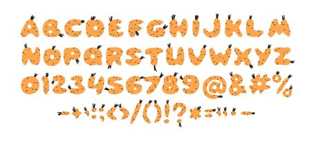 Hand drawn Carrot ABC,  number, sign, symbol. Cartoon vector illustration veggies font.  Flat drawing vegetarian food. Actual Creative Vegan art workのイラスト素材