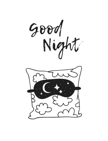 Hand drawn objects about Sleep Routines and text.Vector Cozy Illustration Sleeping Mask. Creative artwork. Set of doodle and quoteのイラスト素材