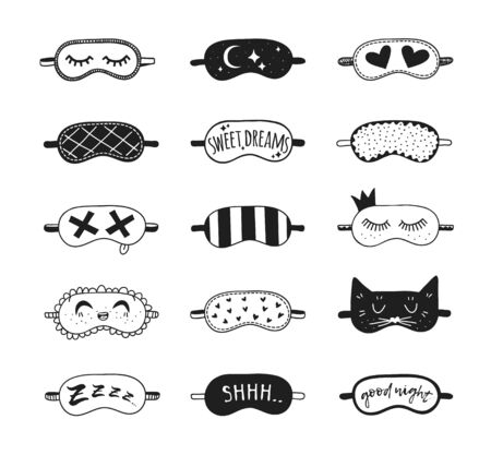 Hand drawn set of Sleeping Mask.Vector Cozy Illustration. Creative artwork. Doodle drawing Sleep Routine objectsのイラスト素材