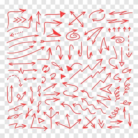 Hand drawn object for design use. Red doodle frame and arrows on transparent background. Abstract pen drawing. Vector art illustrationのイラスト素材