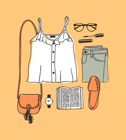 Hand drawn Fashion Illustration Summer Outfit. Season Look on Orange Vector Background. Artistic Doddle Drawing Actual Wear. Creative Ink Art Workのイラスト素材