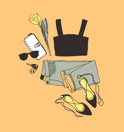 Hand drawn Fashion Illustration Summer Outfit. Season Look on Orange Vector Background. Artistic Doddle Drawing Actual Wear. Creative Ink Art Workのイラスト素材