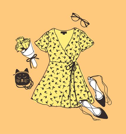 Hand drawn Fashion Illustration Summer Outfit. Season Look on Orange Vector Background. Artistic Doddle Drawing Actual Wear. Creative Ink Art Workのイラスト素材