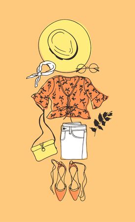 Hand drawn Fashion Illustration Summer Outfit. Season Look on Orange Vector Background. Artistic Doddle Drawing Actual Wear. Creative Ink Art Workのイラスト素材