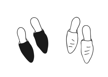 Hand Drawn Fashion Illustration Season Mules. Creative ink art work Summer Outfit Element. Actual vector drawing shoes. Black contour object on white background isolatedのイラスト素材