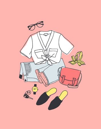 Hand drawn Fashion Illustration Summer Outfit. Season Look on Orange Vector Background. Artistic Doddle Drawing Actual Wear. Creative Ink Art Workのイラスト素材