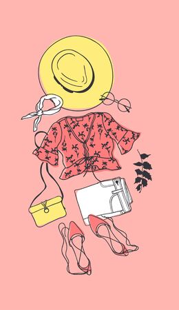Hand drawn Fashion Illustration Summer Outfit. Season Look on Orange Vector Background. Artistic Doddle Drawing Actual Wear. Creative Ink Art Workのイラスト素材