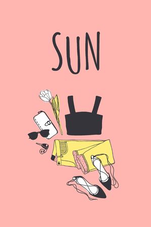 Hand drawn Fashion Illustration Summer Outfit and text. Season Look on Orange Vector Background and lettering. Artistic Doddle Drawing Actual Wear and quote. Creative Ink Art Workのイラスト素材