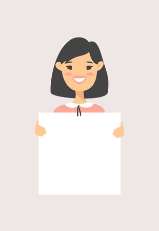 Asian male and female characters with board. Cartoon style people icons. Isolated guys avatars. Flat illustration men and women faces. Hand drawn vector drawing girls and boys portraitsのイラスト素材