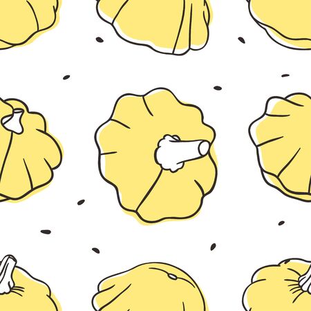 Doodle squash seamless pattern. Hand drawn stylish fruit and vegetable. Vector artistic drawing fresh organic food. Summer illustration vegan ingrediens for smoothiesのイラスト素材