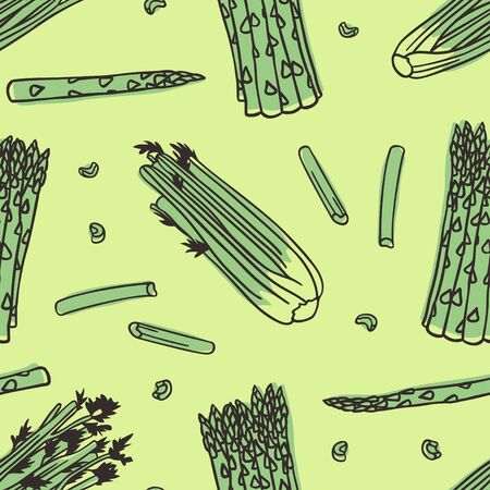 Doodle seamless patternwith asparagus and celery. Hand drawn stylish fruit and vegetable. Vector artistic drawing fresh organic food. Summer illustration vegan ingrediens for smoothiesのイラスト素材