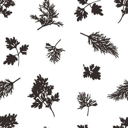Doodle seamless pattern with parsley and dill. Hand drawn stylish fruit and vegetable. Vector artistic drawing fresh organic food. Summer illustration vegan ingrediens for smoothiesのイラスト素材