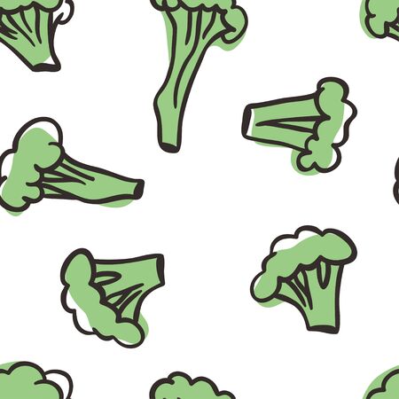 Doodle broccoli cabbage seamless pattern. Hand drawn stylish fruit and vegetable. Vector artistic drawing fresh organic food. Summer illustration vegan ingrediens for smoothiesのイラスト素材