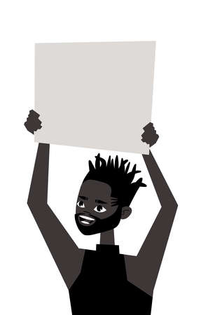 Young Black Male Character with poster. Cartoon Style People and Black Lives Matter Protest Board. Isolated Guy and banner. Flat Illustration African American Man Face. Hand Drawn Vector Drawingのイラスト素材