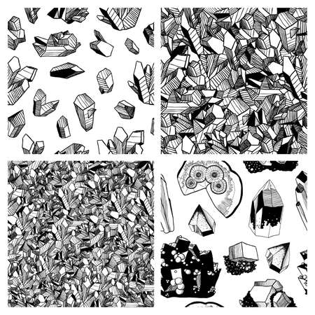 Set of mineralogy patterns. Black and white crystals and minerals. Vector seamless patterns with crystals and minerals. Hand drawn illustration. Hand drawn polygonal abstract backgroundのイラスト素材
