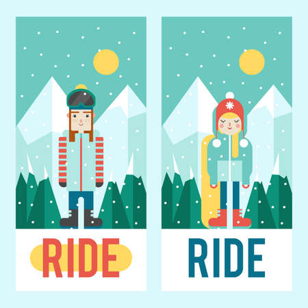 Set of template designs for flyer or phone cover. Cute flat style. Snowboarding and winter time.のイラスト素材