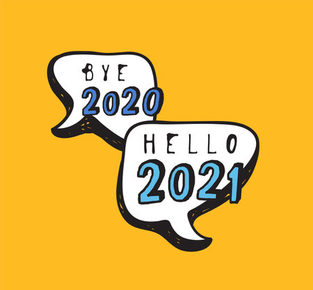 Hand Drawn Speech Bubbles with Text about New Year. Vector pop art object. Doodle elements for dialogのイラスト素材
