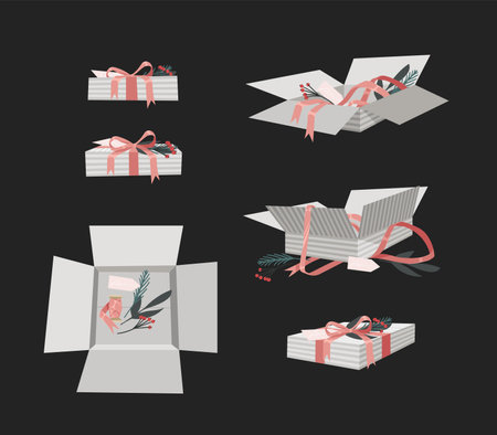 Cartoon Illustration Christmas Gift Box isolated. Creative Flat Style Art Work Collection. Actual vector drawing of Holiday Things Packing. Cozy Winter Decoration setのイラスト素材
