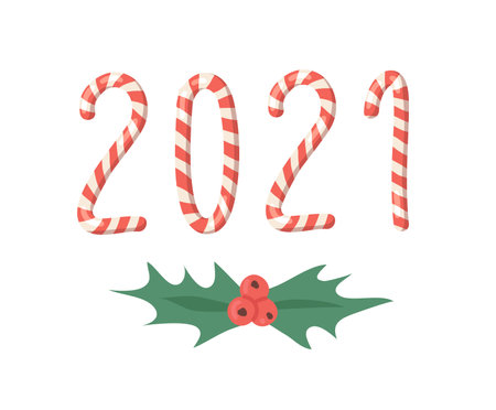 Happy New Year Greeting Card with numbers 2021. Cartoon vector illustration Christmas Candy Cane. Hand drawn font. Actual Creative Holidays sweet alphabetのイラスト素材
