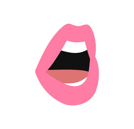 Sexy Female Lips with Matt Pink Lipstick. Flat Style Vector Fashion Illustration Woman Mouth. Gestures Collection Expressing Different Emotionsのイラスト素材