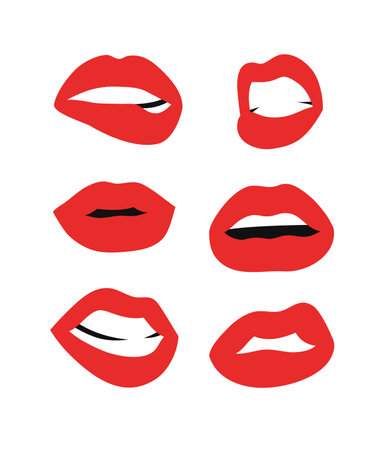 Sexy Female Lips with Matt Red Lipstick. Flat Style Vector Fashion Illustration Woman Mouth. Gestures Collection Expressing Different Emotionsのイラスト素材