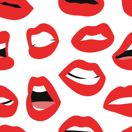 Seamless pattern with Sexy Female Lips with Matt Red Lipstick. Flat Style Vector Fashion Illustration Woman Mouth Background. Gestures Collection Expressing Different Emotionsのイラスト素材