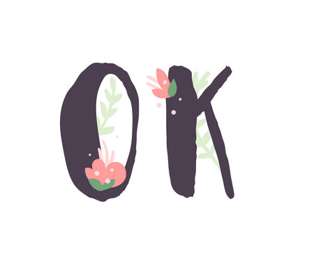 Female Lettering text OK with Pink Flowers. Hand made violet ink font. Hand drawn Letters written with a brush. Trendy Wedding vector illustrationのイラスト素材