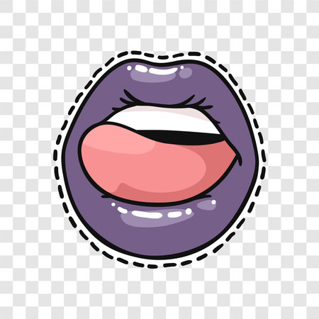 Stickers with Sexy Female Lips with Gloss Colorful Lipstick on Transparent Background Isolated. Pop Art Style Vector Fashion Illustration Woman Mouth. Gestures Collection Expressing Different Emotionsのイラスト素材