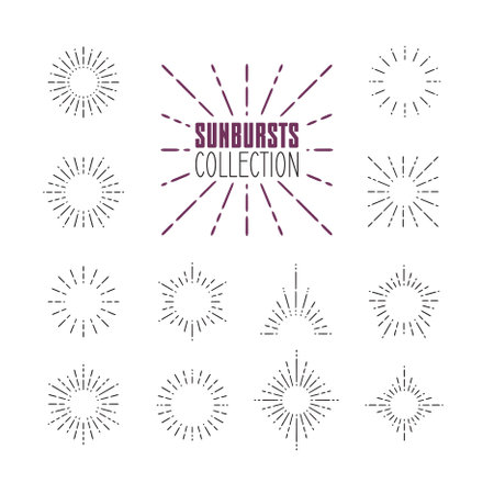 Set of Vintage Sunbursts in Different Shapes. Trendy Hand Drawn Retro Bursting Rays Design Elements. Hipster Vector illustrationのイラスト素材