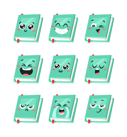 Cartoon drawing set of book for Student emoji. Hand drawn emotional schoolbook object. Actual Vector illustration character. Creative art workのイラスト素材