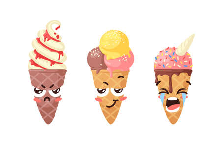 Hand Drawn Ice Cream Cone Vector Artistic Drawing. Summer Illustration Sweet Fast Food Emoticon. Funny emojiのイラスト素材