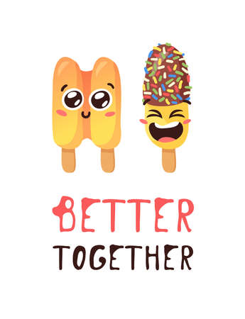 Hand Drawn Ice Cream Vector Artistic Drawing and Quote. Summer Illustration Sweet Fast Food Emoticon. Funny emoji and textのイラスト素材