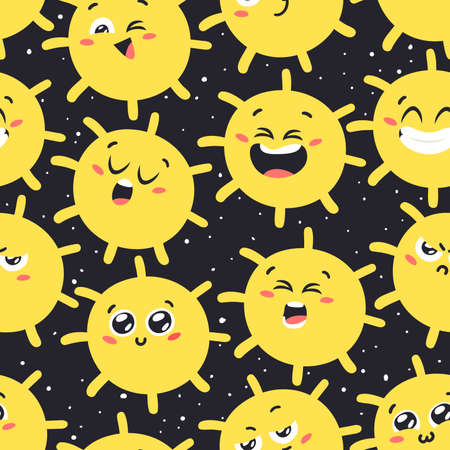 Hand Drawn Seaamless Pattern with Childish Illustration Sun in Cosmos. Vector Drawing Star in Space. Cartoon Solar System objectのイラスト素材