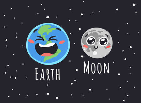 Hand Drawn Childish Illustration Our Home in Cosmos. Vector Drawing Planet Earth and Satellite Moon in Space. Cartoon Solar System objectのイラスト素材
