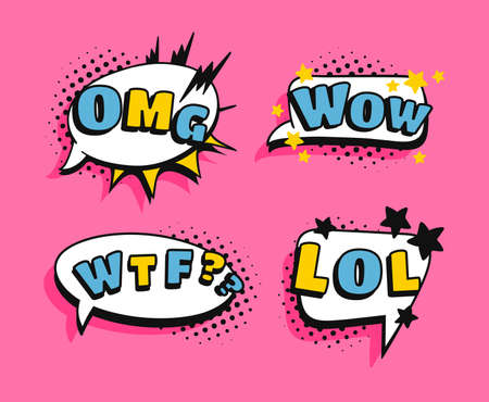 Pop art speech bubble drawing with text. Cartoon style vector collection of frames. Comic illustration on color backgroundのイラスト素材