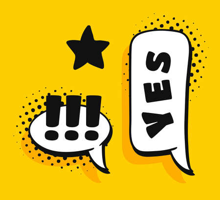 Pop art speech bubble drawing with text. Cartoon style vector collection of frames. Comic illustration on color backgroundのイラスト素材