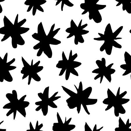Vector art illustration grunge stars. Set of hand drawn paint object snowflakes for design. Black and white shine background. Abstract brush drawingのイラスト素材