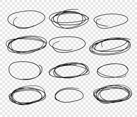 Hand drawn set of objects for design use. Black Vector doodle ellipses on transparent background. Abstract pencil drawing. Artistic illustration elementsのイラスト素材