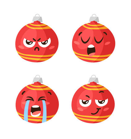 Hand drawn Christmas Emoji Ball on white background. Creative flat art. Actual vector drawing decorations toy. Cartoon Character Emoticonのイラスト素材