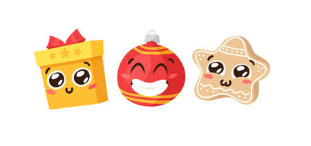 Hand drawn Christmas Emoji Gingerbread Cookie Star, Ball and Gift Box on white background. Creative flat art. Actual vector drawing decorations. Cartoon Character Emoticonのイラスト素材