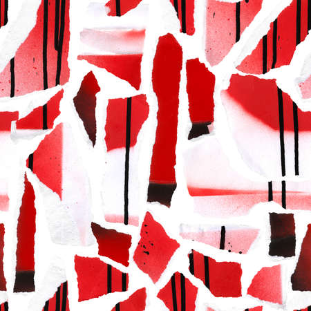 High Quality Seamless Pattern Torn Paper Texture with Red Spray Paint and Black Ink Drip and Drop. Background for Hand Made, Scrapbooking, Greeting Card or Invitation. Hand Drawn Artistic elements for Grunge Designの写真素材