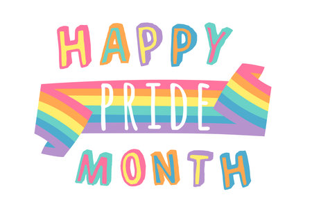 Vector Flat Illustration Rainbow and text. Cartoon Pride Colorful Drawing. LGBTQ Flag Support Icon and Quoteのイラスト素材