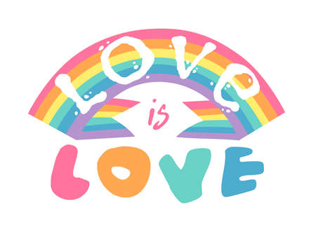 Vector Flat Illustration Rainbow and text. Cartoon Pride Colorful Drawing. LGBTQ Flag Support Icon and Quoteのイラスト素材