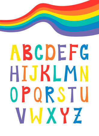 Vector Flat Illustration Rainbow Font. Cartoon Pride Colorful Drawing ABC. LGBTQ Flag Support Icon Letter Alphabetのイラスト素材