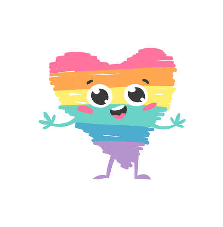 Vector Doodle Illustration Rainbow Heart emoji. Cartoon Pride Colorful Drawing Emoticon. Hand Drawn LGBTQ Flag Support Smileのイラスト素材