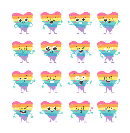 Vector Doodle Illustration Rainbow Heart emoji. Cartoon Pride Colorful Drawing Emoticon. Hand Drawn LGBTQ Flag Support Smileのイラスト素材
