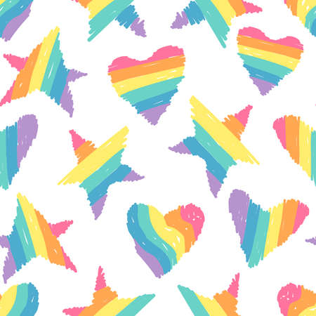 Vector Seamless Pattern with Illustration Rainbow Hearts and Stars. Cartoon Pride Colorful Drawing Background. Hand Drawn LGBTQ Flag Support Sketchのイラスト素材