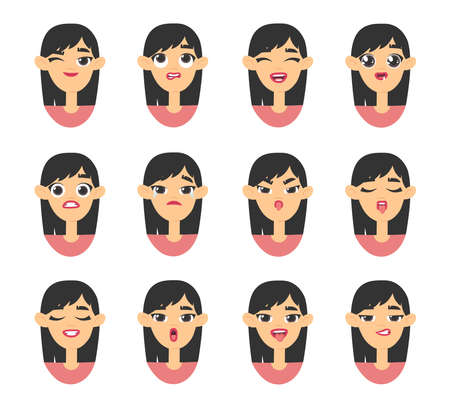 Emotional Asian women emoji. Cartoon style illustration female emoticon. Isolated Hand drawn vector facial expression. Gestures Collection Expressing Different Emotionsのイラスト素材